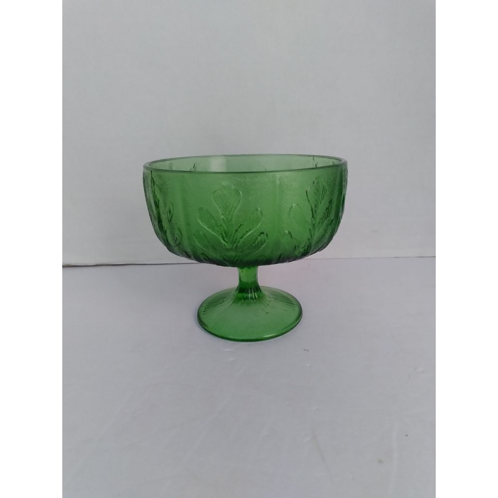 Vintage Emerald Green‎ Glass Pedestal Bowl Floral Pattern Dessert Compote